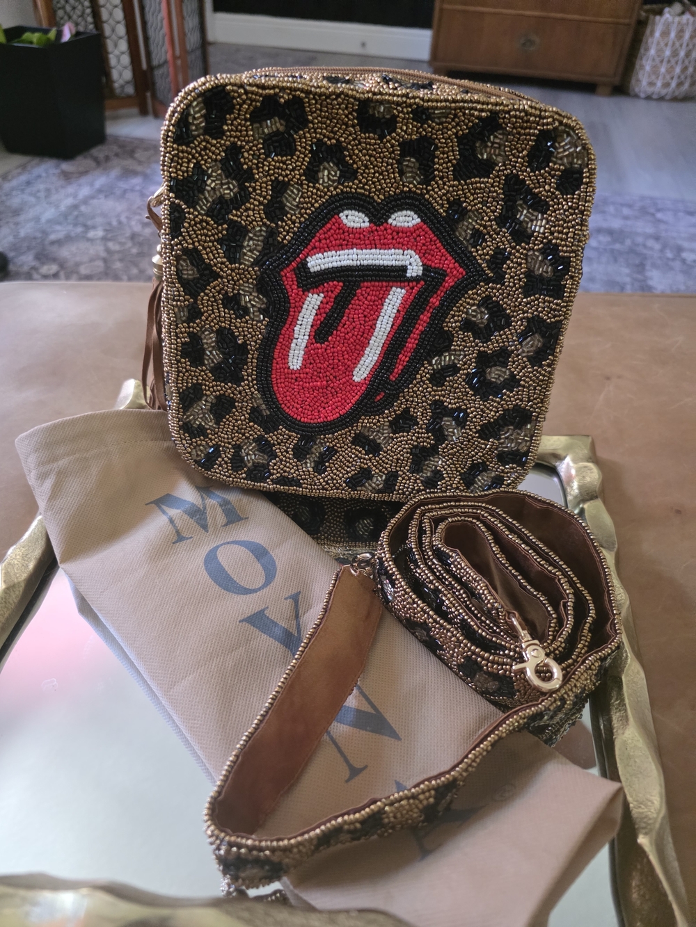 Moyna Beaded Leopard Crossbody with Red Tongue Patch